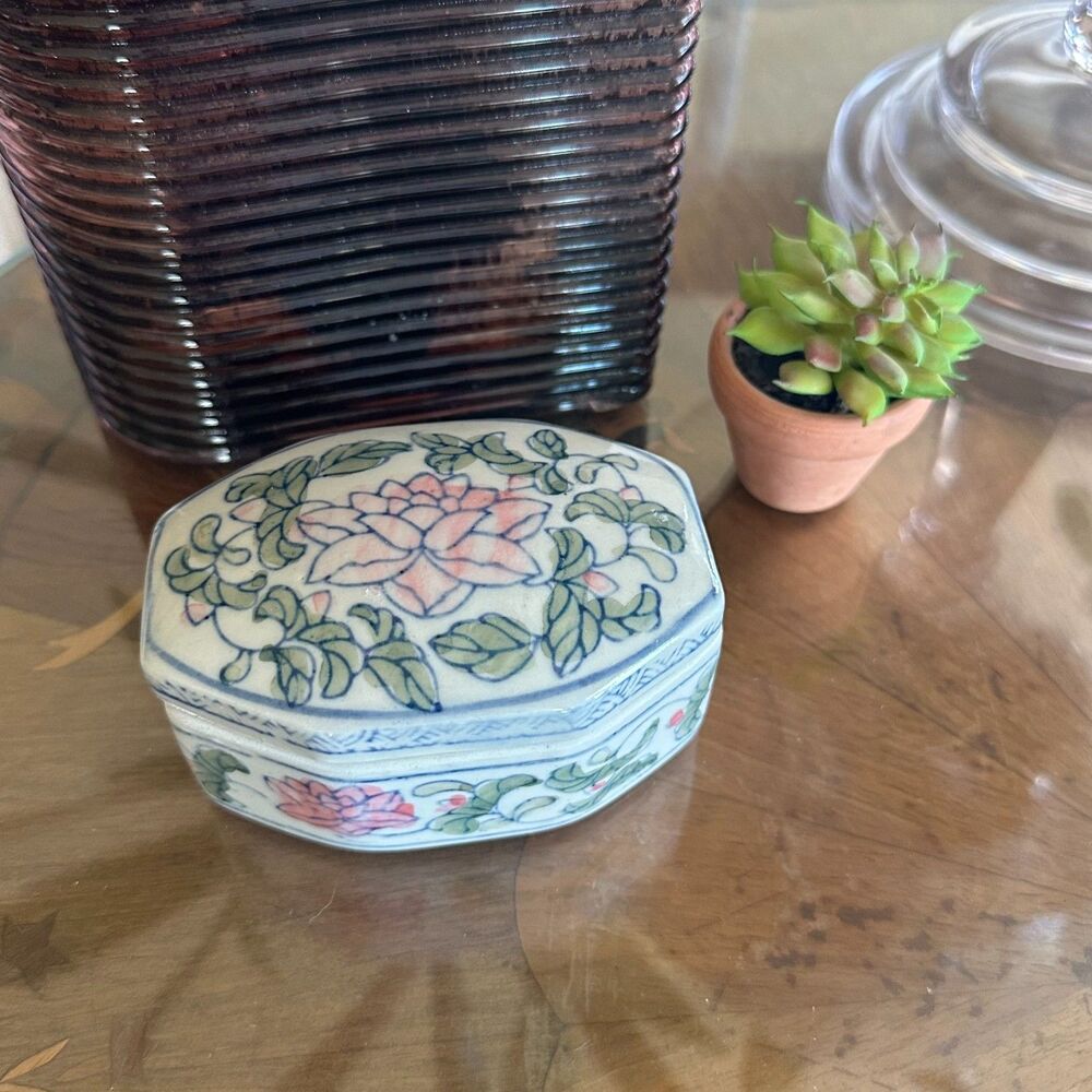 Vintage Porcelain Trinket Box w/ Lid Hand Painted Pink & Blue Lotus Flower